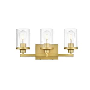 Simply Living 18 in. 3-Light Modern Brass Vanity Light with Clear Cylinder Shade