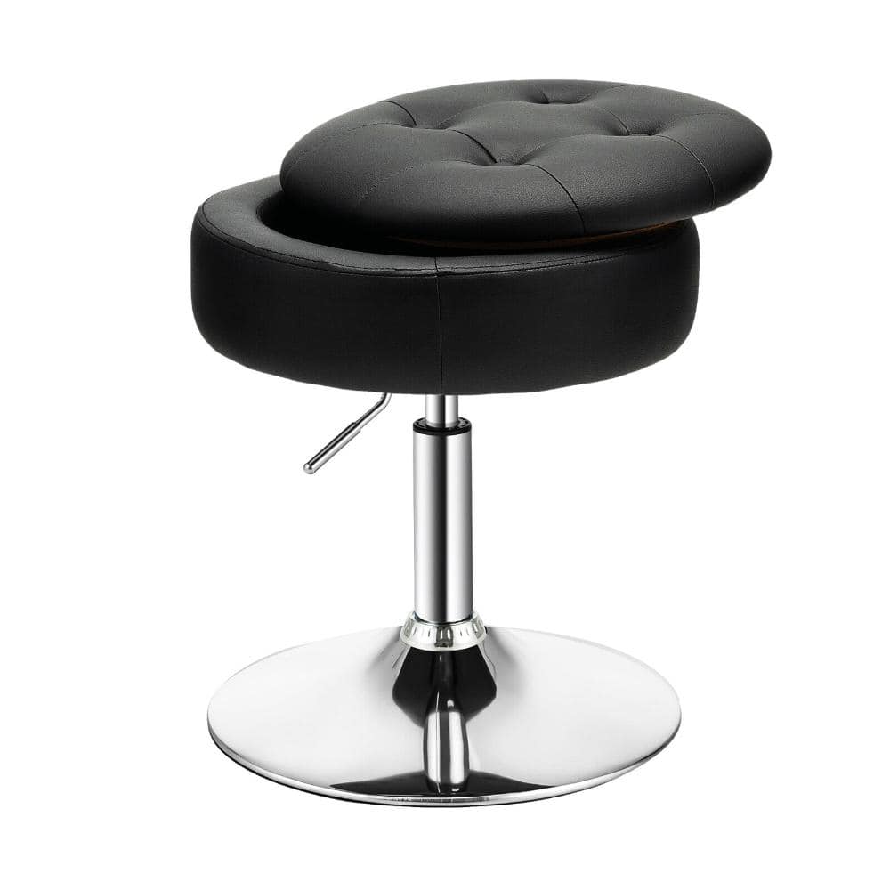 Black swivel vanity stool with chrome base on a white background.
