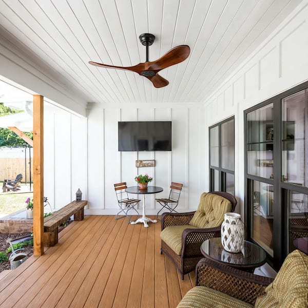 36 in. Black Standard Ceiling Fan with Brown Wood Blades, No Light, Downrod Mount, 6-Speed DC Motor, Remote Control