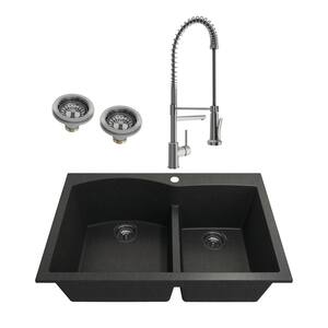 Campino Duo Metallic Black Granite Composite 33 in. 60/40 Double Bowl Drop-In/Undermount Kitchen Sink with Faucet