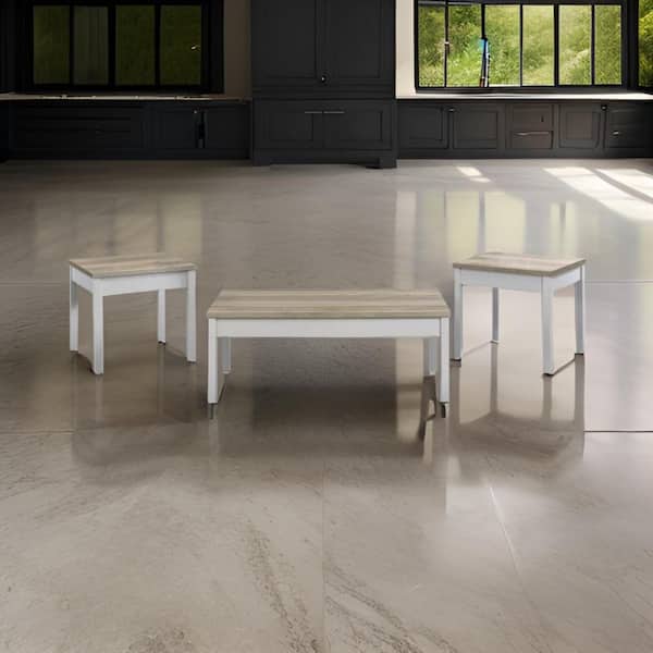 Benjara 47 in. Light Brown and White Rectangle 3-Piece Wood Top Coffee Table with End Table