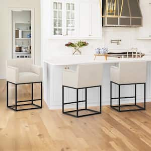 Hampton 26 in. Linen Modern Linen Upholstered Bar Stool Square Metal Frame Counter Height Bar Stool (Set of 3)