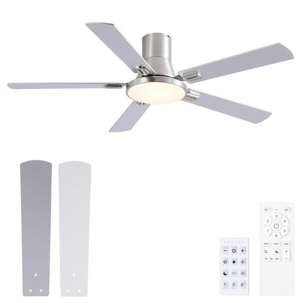 Thalion 52 in. Indoor/Outdoor Brushed Nickel Integrated LED Flush Mount Ceiling Fan with Remote and Dual-Finish Blades