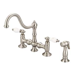 2-Handle Bridge Kitchen Faucet with Plastic Side Sprayer in Brushed Nickel