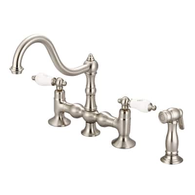 2-Handle Bridge Kitchen Faucet with Plastic Side Sprayer in Brushed Nickel