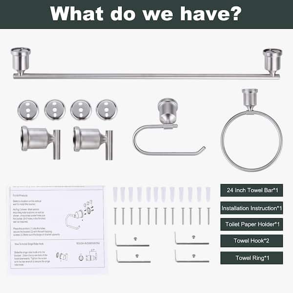 5-Piece Bath Hardware Set with 24 in. Towel Bar, Towel Ring, Toilet Paper Holder, and 2-Hooks in Brushed Nickel