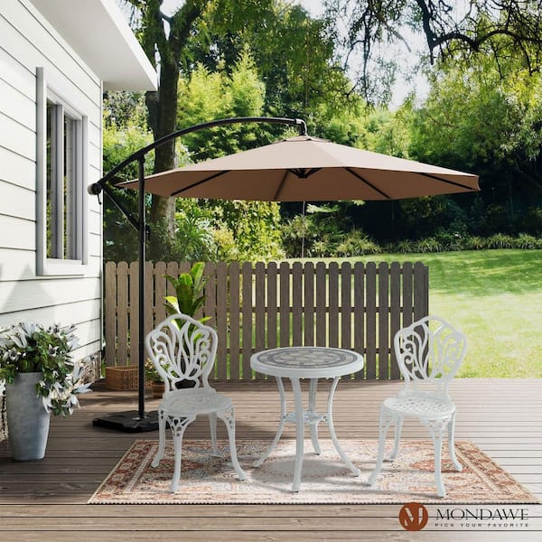 Mondawe 3-Piece White Cast Aluminum Round Ceramic Tiles Tabletop Table Outdoor Furniture Bistro Set for Patio, Yard