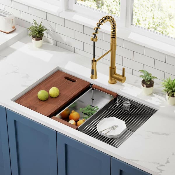 EEN ANDRO TAKIANG INC 32 in. Undermount Single Bowl Stainless Steel Kitchen Sink, 18-Gauge Ledge Workstation Kitchen Sink, Silvery