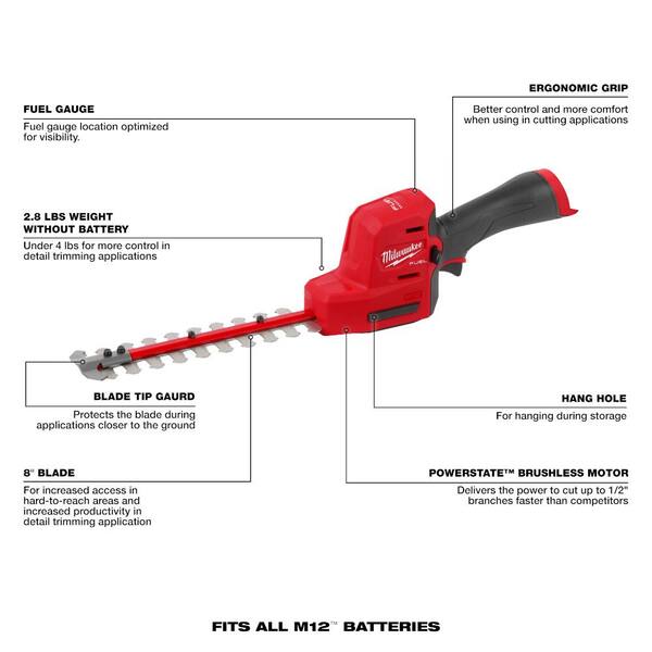 Milwaukee M12 FUEL 8 in. 12V Lithium Ion Brushless Cordless Battery Hedge Trimmer Tool Only 2533 20 The Home Depot