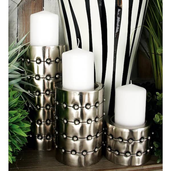 Litton Lane Silver Metal Handmade Pillar Candle Holder with Studs (Set of 3)