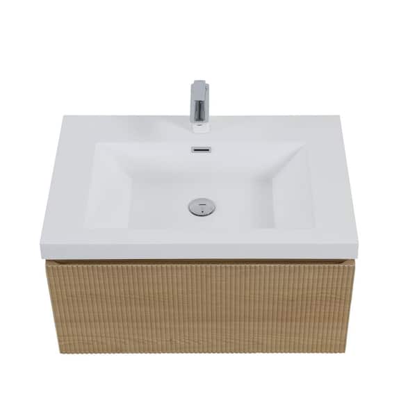 30 in. Wall-Mounted Bath Vanity Modern Floating Bathroom Vanity in Natural Oak with Glossy White Stone Resin Top