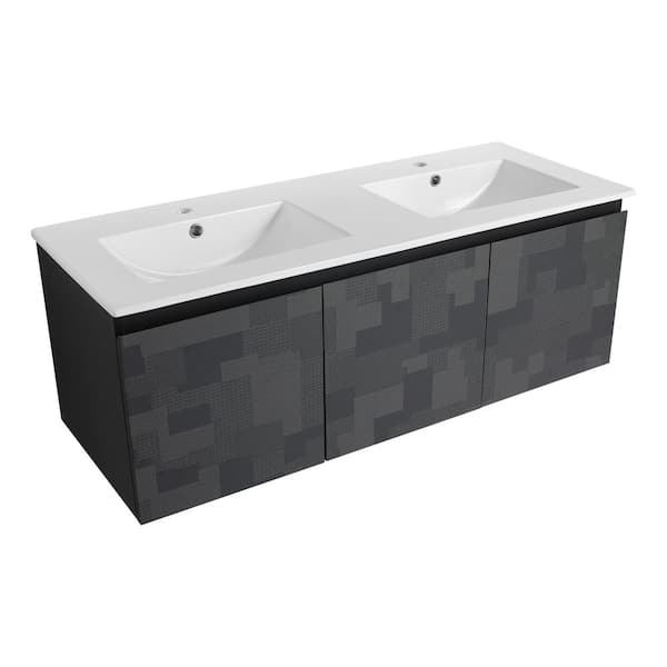 48 in. W x 18.30 in. D x 17.30 in. H Dual Sink Wall-Mounted Bath Vanity in Black with White Ceramic Sink, Triple-Door