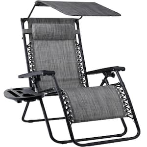 Zero Gravity Folding Reclining Gray Fabric Outdoor Lawn Chair w/Canopy Shade, Headrest Tray