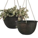 9.8 in. Dia Bronze Recycled Plastic Hanging Basket with Weave Pattern (2-Pack)