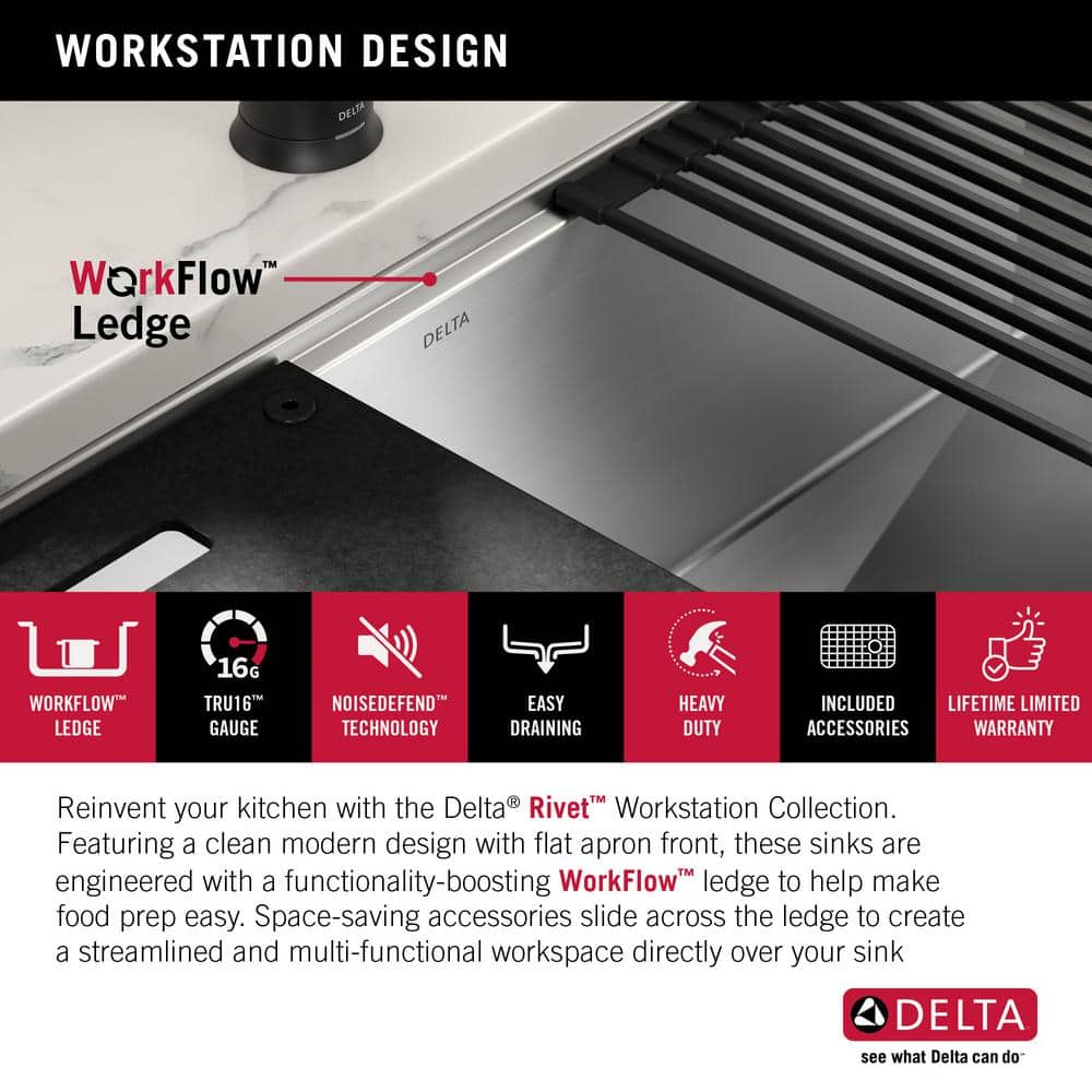 Delta Rivet 33" Stainless Steel Farmhouse Workstation Sink