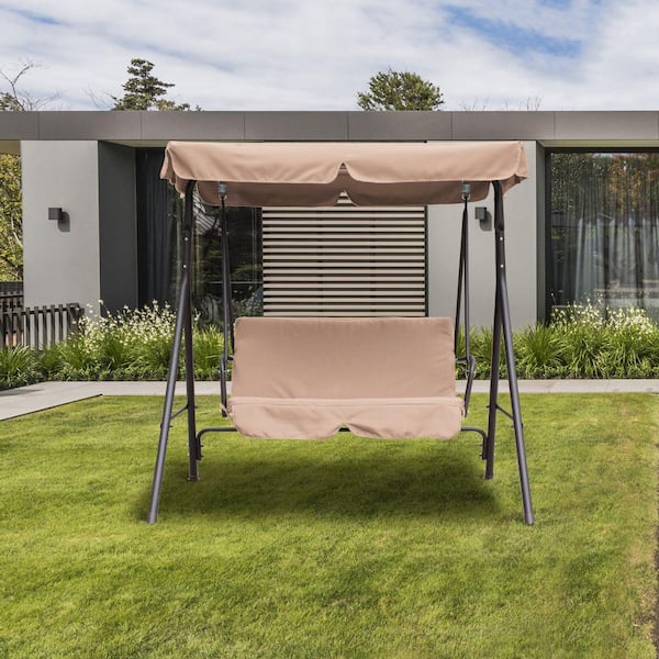 2-Person Beige Steel Frame Freestanding Patio Swing with Beige Soft Removable Cushion Adjustable Canopy Porch Swing Deck