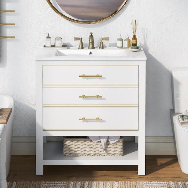 Zeus & Ruta 30 in. W x 18 in. D x 34 in. H Freestanding Bath Vanity in White with White Ceramic Top and Two-Drawers
