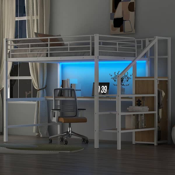 Harper & Bright Designs White Full Size Metal Loft Bed with Desk, Storage Staircase, Wardrobe, LED Light With 7-Colors