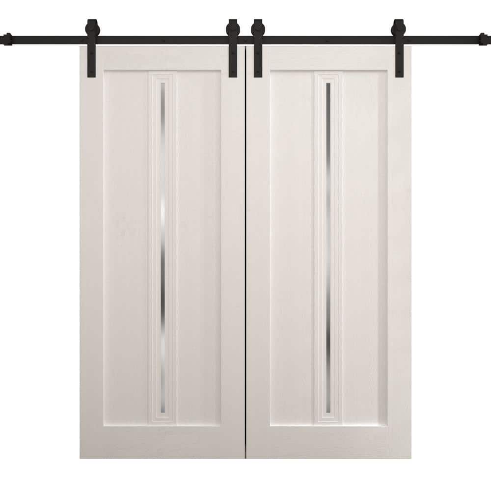 Assemble Required 56 in. x 80 in. Frosted Glass Painted White Oak Solid Wood Double Barn Door Slab With Hardware price history on PriceWatchPro