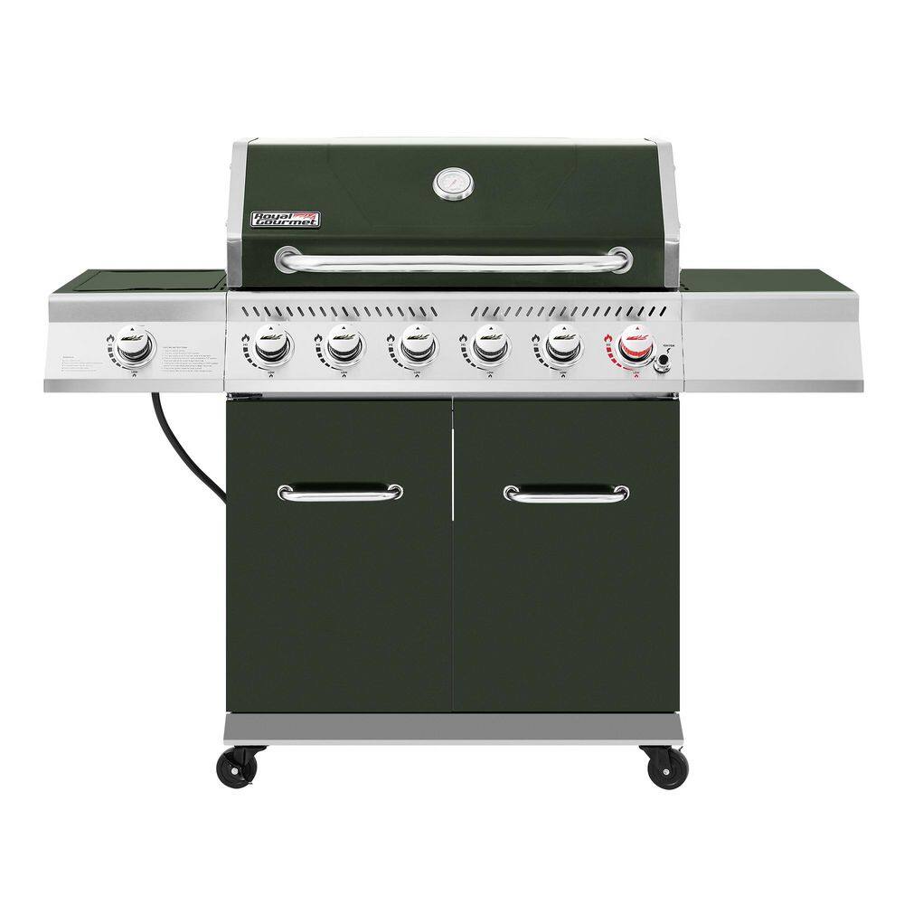 6-Burner BBQ Liquid Propane Gas Grill in Olive Green with Sear Burner and Side Burner, 74,000 BTU, Cabinet Style Grill
