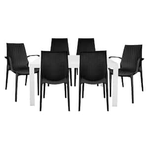 Kent 7-Pcs Patio Dining Set with Plastic Dining Side Chairs and Arm Chairs and Rectangular Dining Table (White/Black)