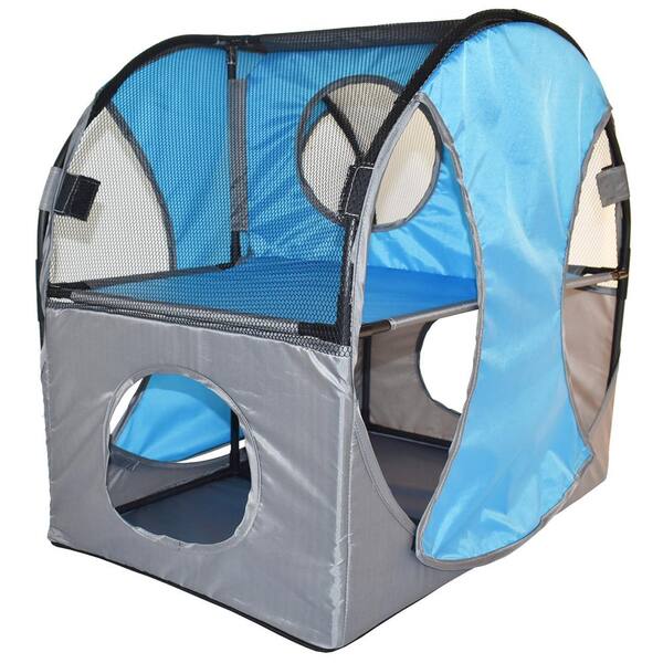 PET LIFE Blue and Grey Kitty-Play Obstacle Travel Collapsible Soft Folding Pet Cat House