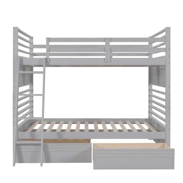 ATHMILE Gray Full Over Full Wood Bunk Bed with 2-Drawers