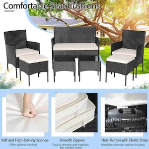 7-Pieces Patio Rattan Sofa Furniture Set Table Ottoman Metal Cushioned Outdoor Pool in White