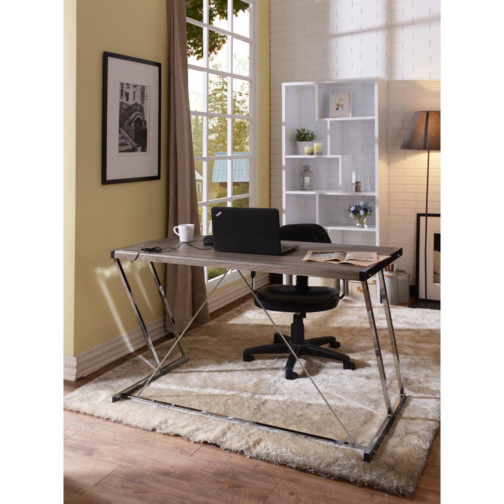 47" Weathered Oak and Chrome Desk with USB Port
