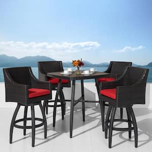 Deco 5-Piece Wicker Square Outdoor Bar Height Dining Set with Sunbrella Sunset Red Cushions