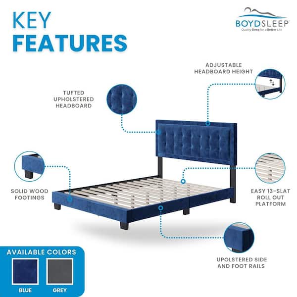 Pisa Blue Velvet King Size Fully Upholstered Platform Bed Frame with Adjustable Headboard