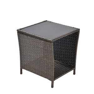 Outdoor Patio Wicker End Table Square Side Bistro Coffee Table with Glass Top Storage Shelf for Garden Lawn, Brown