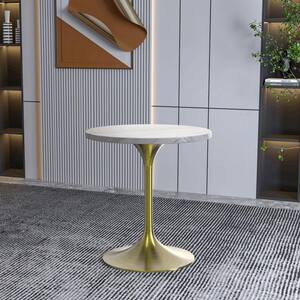 Verve Mid-Century Modern 27 in. Round Dining Table with Stone Top and Brushed Gold Pedestal Base (White)