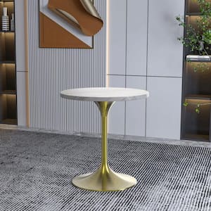 Verve Mid-Century Modern 27 in. Round Dining Table with Stone Top and Brushed Gold Pedestal Base (White)