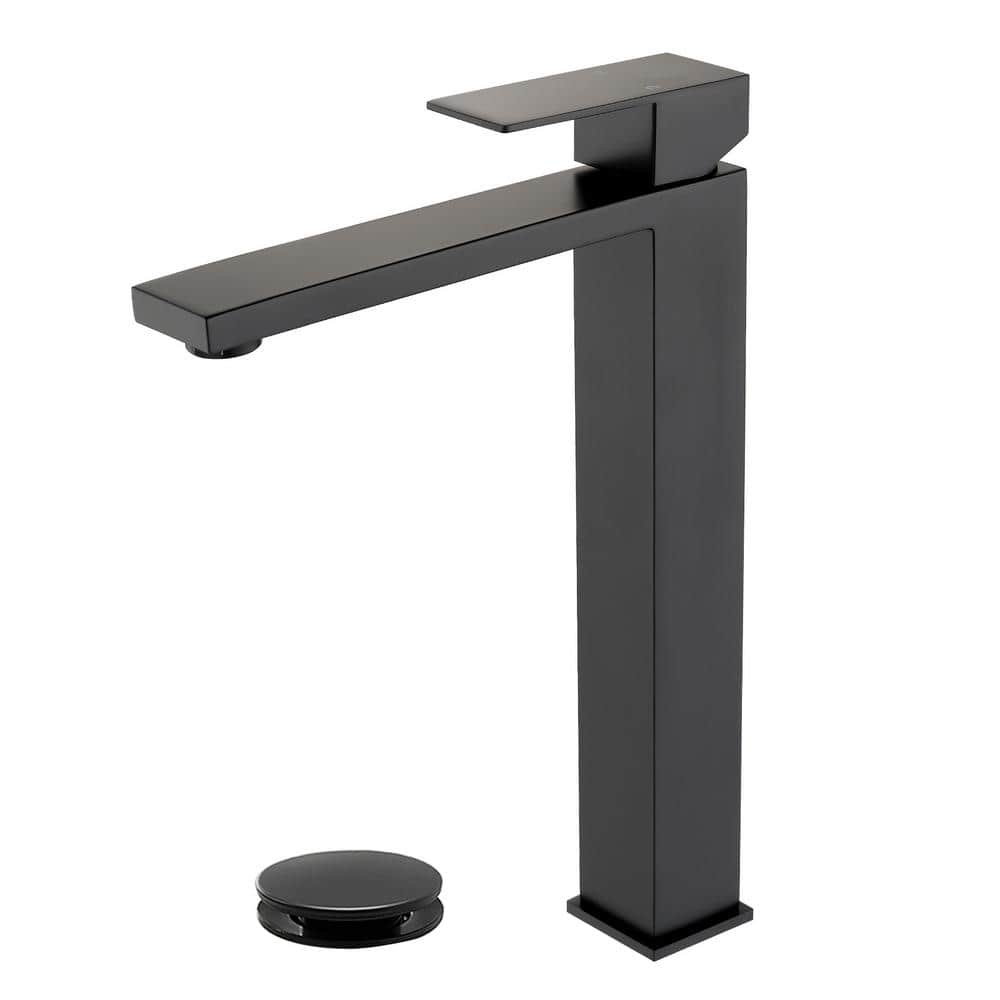 Matte Black Tall Single Handle Vessel Sink Faucet with Pop-Up Drain