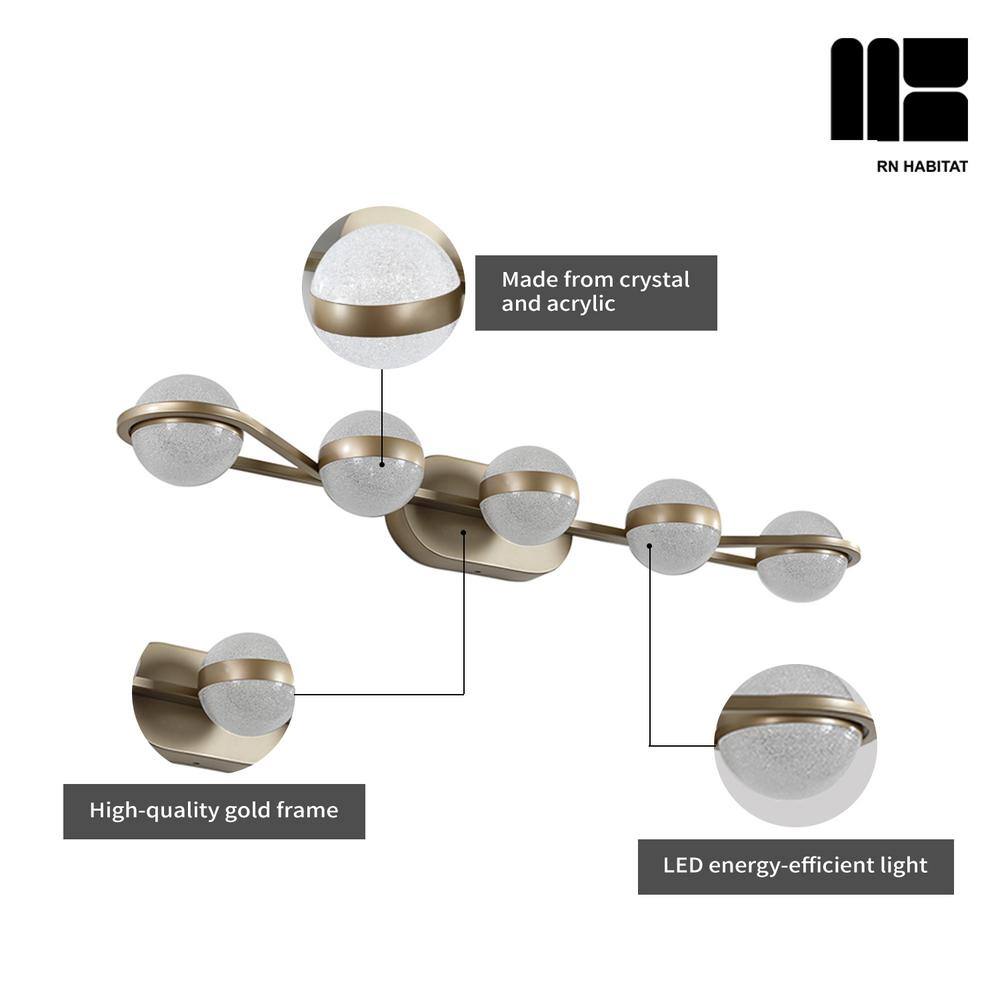 Brushed Gold 5-Light Dimmable LED Vanity Light with Globe Shades