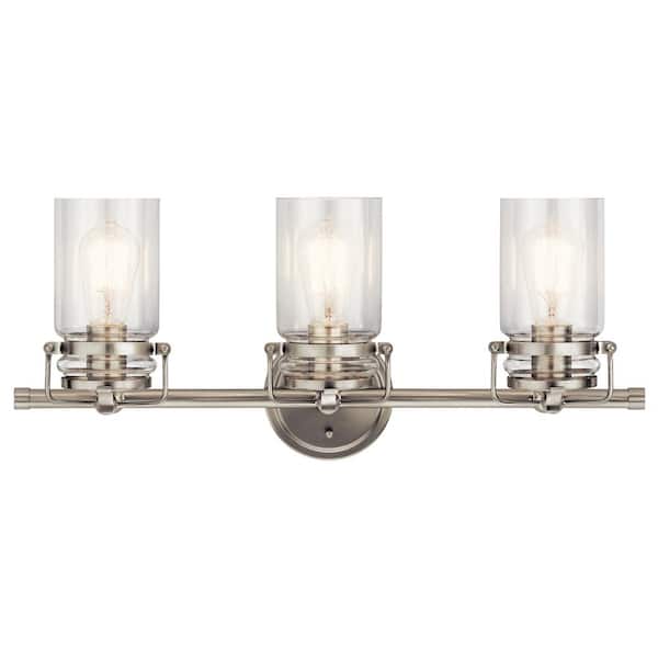 Brinley 24 in. 3-Light Brushed Nickel Vintage Bathroom Vanity Light with Clear Glass