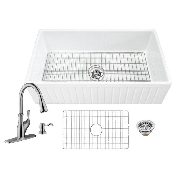 IPT Sink Company All-in-One Apron Front Fluted/Plain Reversible Fireclay 33 in. Single Bowl Kitchen Sink with Faucet and Strainer