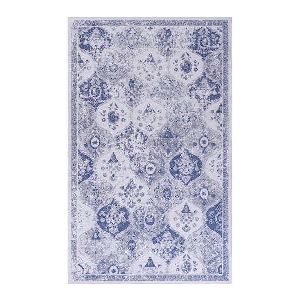 5 ft. x 8 ft. Blue Abstract Floral Area Rug for Bedroom, Dining Room, Living Room