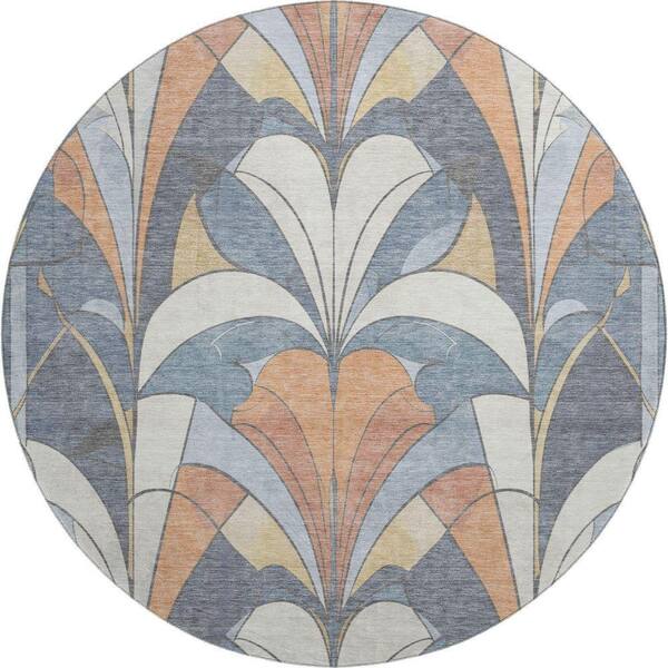 Mayfield Premium Machine Washable Abstract AMF2174 Denim 8 ft. x 8 ft. Round Rug