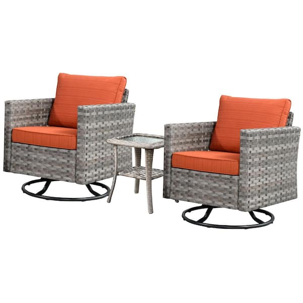 Isabella Gray 3-Piece Wicker Outdoor Rocking Chair Set with Orange Red Cushions