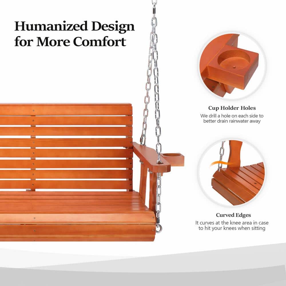 5 ft Brown Pine Wood Porch Swing with Adjustable Chains
