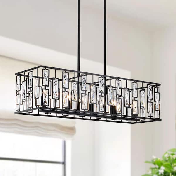 Modern 5-Light Black Rectangular Island Chandelier with Dual Crystal Accents and Adjustable Downrods for Kitchen, Dining