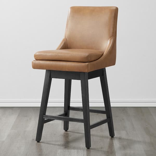 Spruce & Spring Fiona 26.8 in. Cognac Brown Solid Wood Frame Swivel Counter Height Bar Stool with Faux Leather Seat and Back