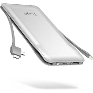 10000mAh Portable Power Bank with Built in Lightning Cable Battery Backup Compatible w/IPhone and Android, White