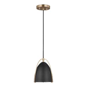 Norman 1-Light Satin Brass Hanging Mini Pendant Light with Midnight Black Steel Shade