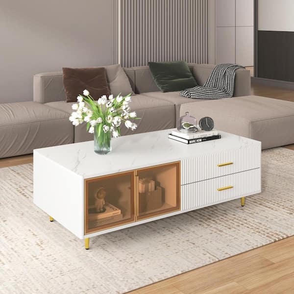 Tenleaf 47.2 in. Modern White Rectangle Coffee Table with 2 Glass Door Storage and 4-Drawers