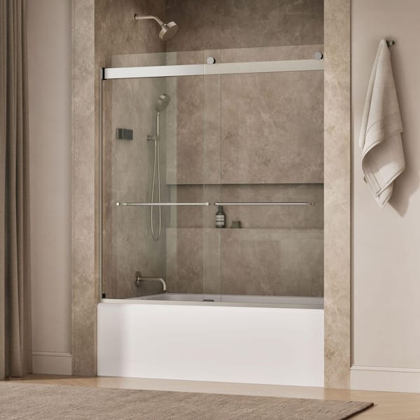 Levity 56-60 in. W x 62 in. H Semi-Frameless Sliding Tub Door in Matte Nickel with 1/4 in. Thick Clear Tempered Glass