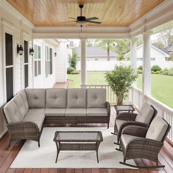 Gymojoy Carlos 6-Piece Brown All-Weather Wicker Patio Conversation Set with Beige Cushions Rokcer Chairs and Side Table