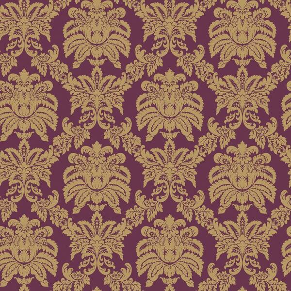 The Wallpaper Company 56 sq. ft. Purple And Metallic Sweeping Damask Wallpaper